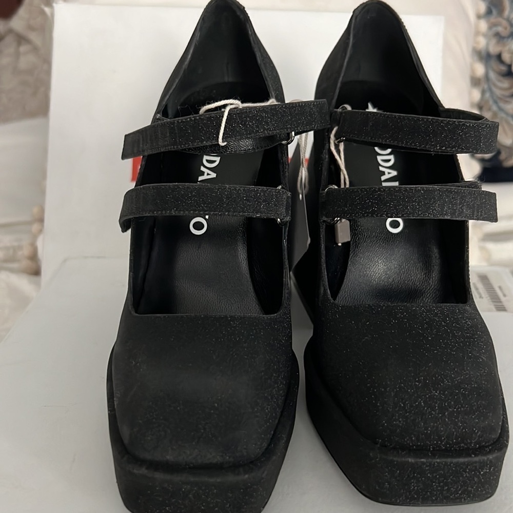 Womens Nodaleto black shimmer high block -heeled  5” shoes